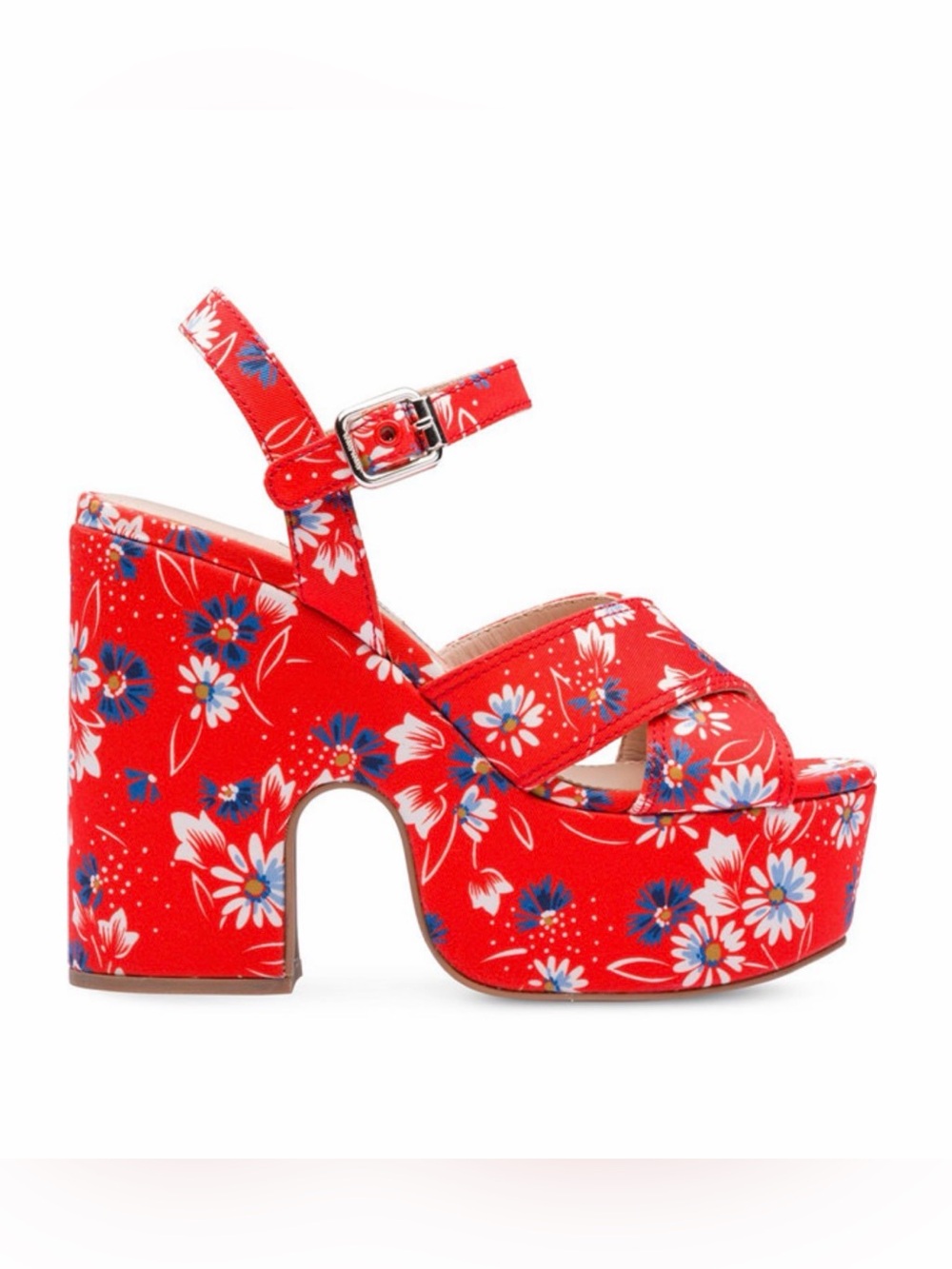 Miu Miu Red Floral Gabardine Chunky Platform Sandals IT 37.5
